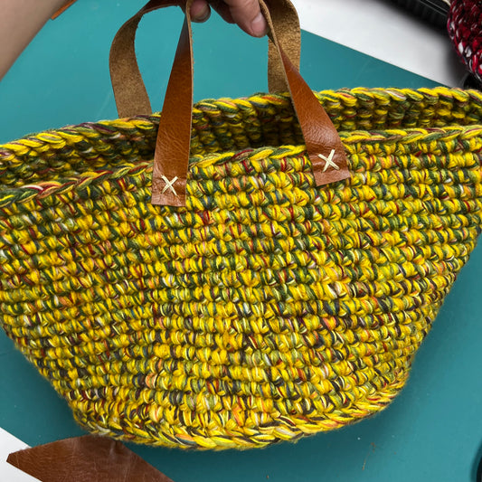 Yellow Crocheted Basket with short leather handles