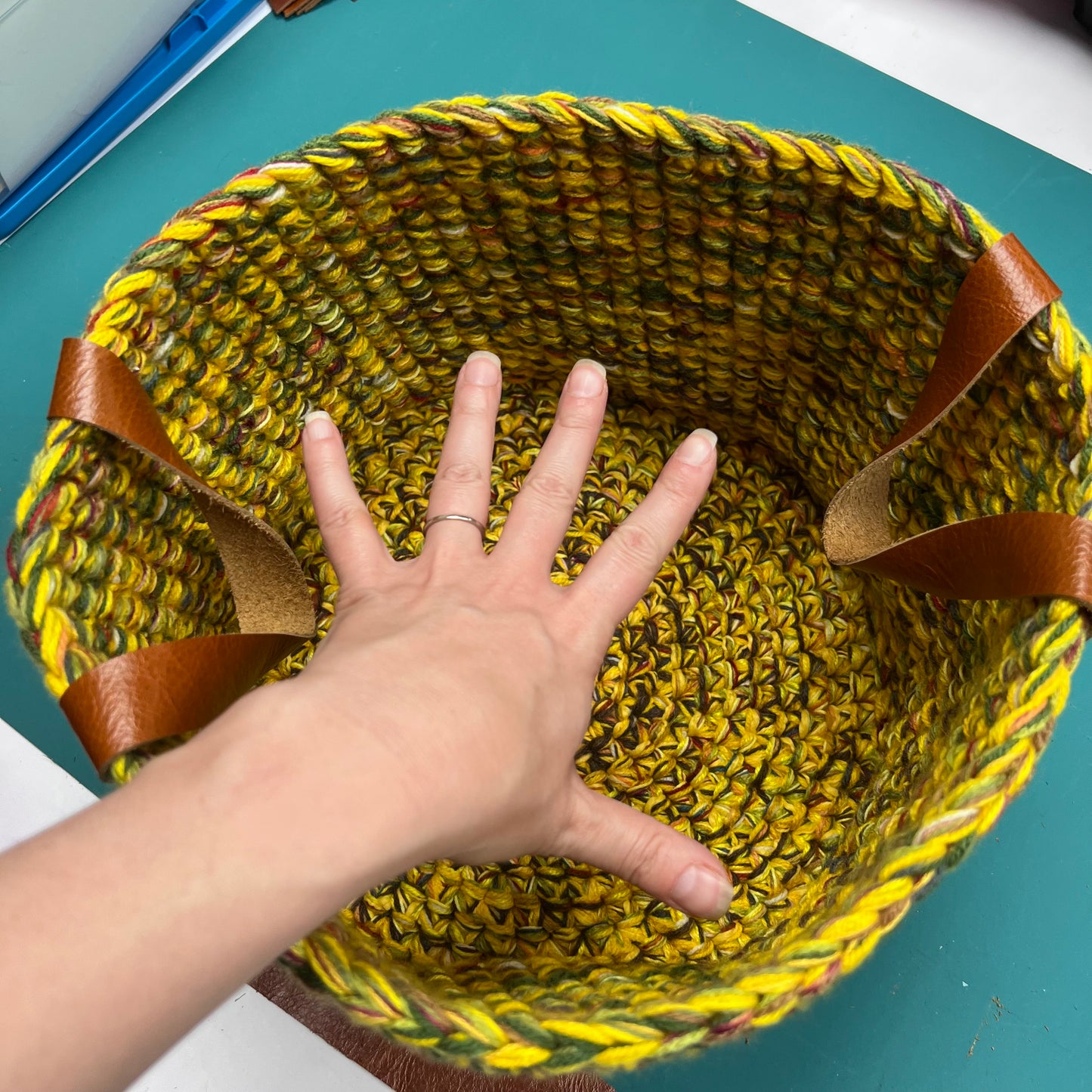 Yellow Crocheted Basket with short leather handles