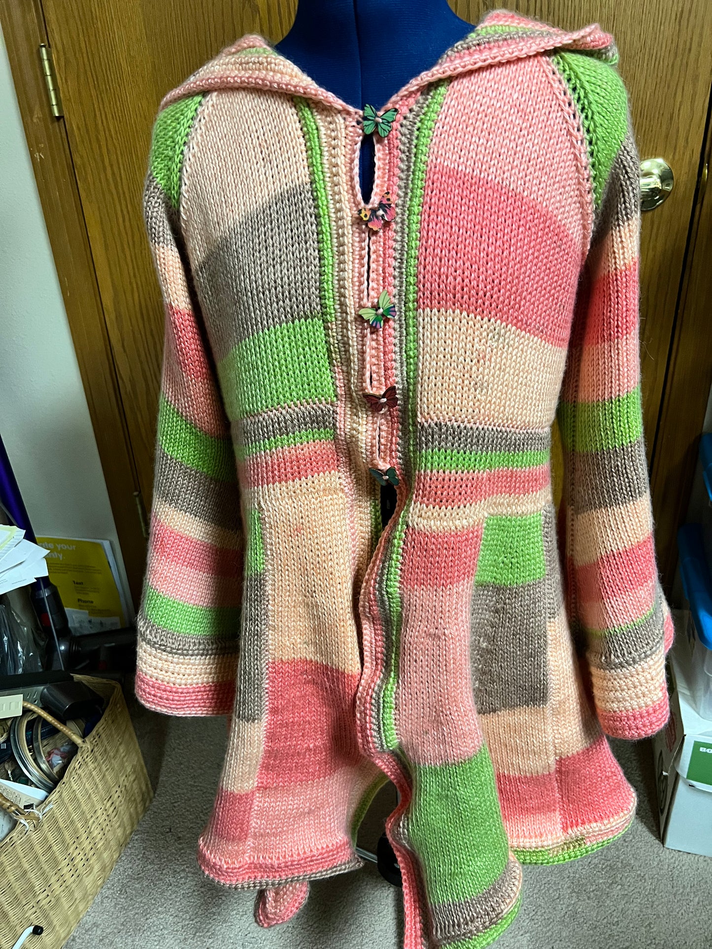 Elven coat in Coral pink and green