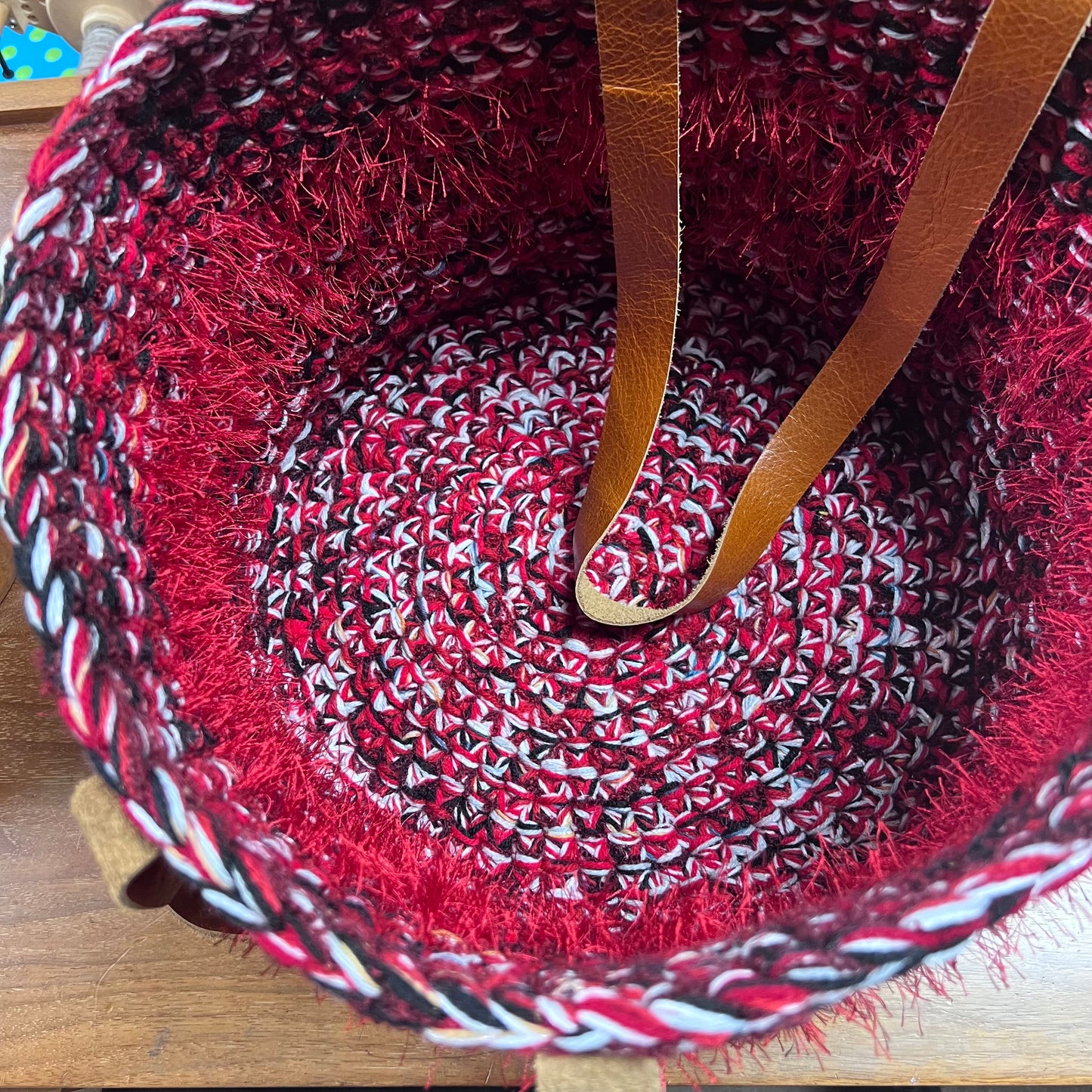 Black & White and red all over- Basket with Long leather handles