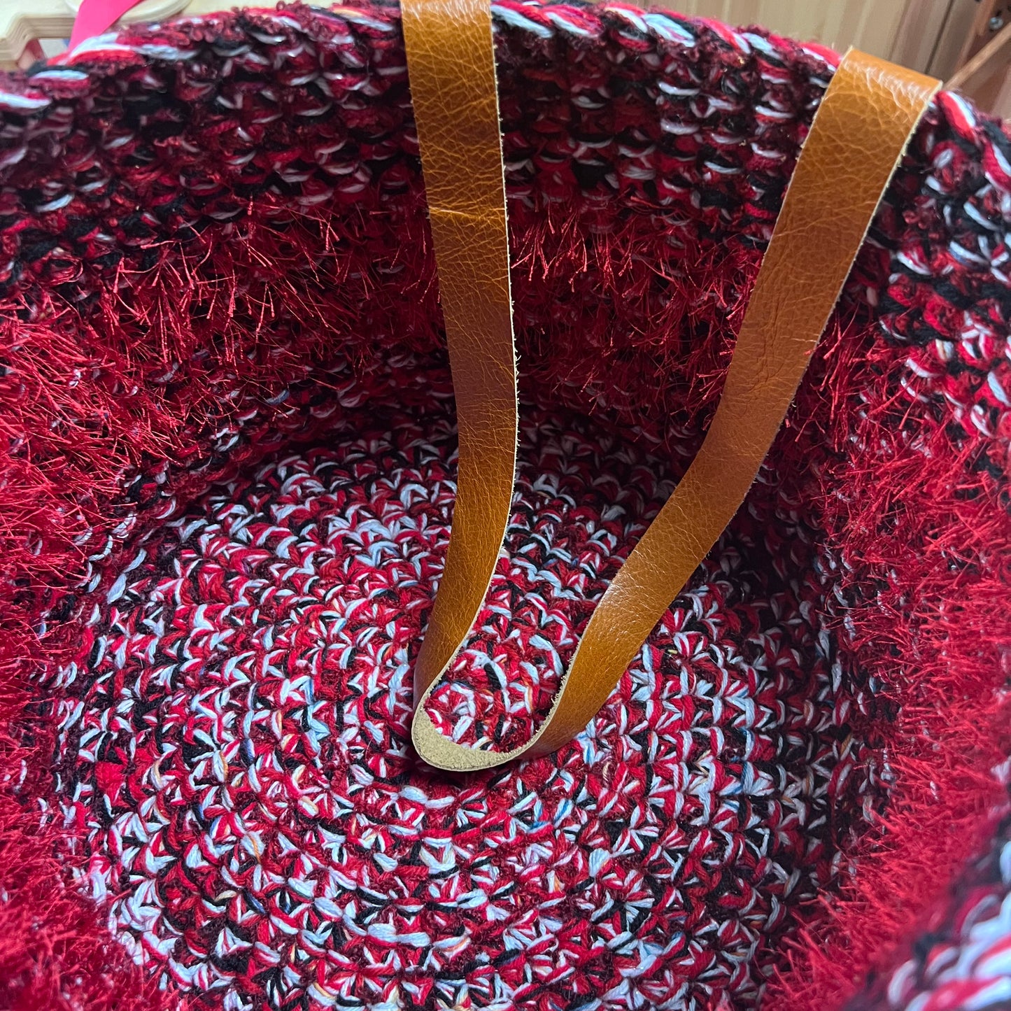 Black & White and red all over- Basket with Long leather handles