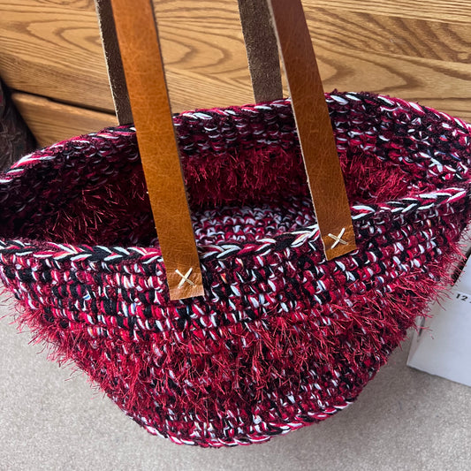 Black & White and red all over- Basket with Long leather handles