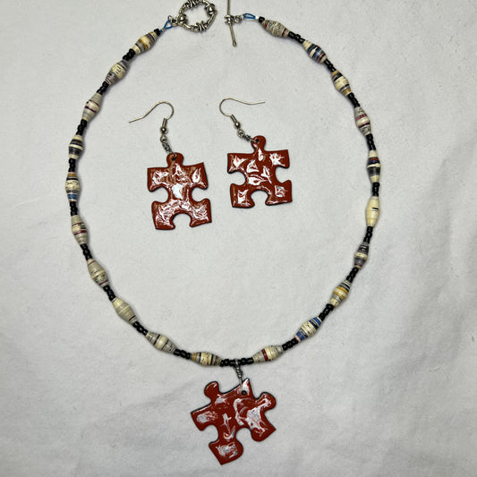 Puzzle earring and paper bead necklace set